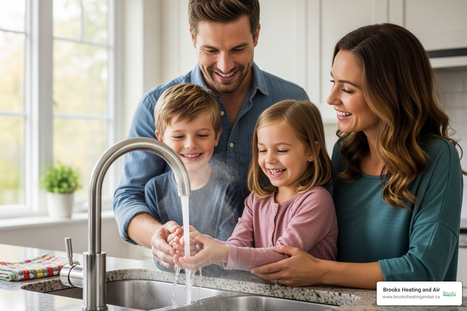 A happy family enjoying hot water from a kitchen faucet, symbolizing comfort and convenience provided by a reliable water heater - Install tankless water heater