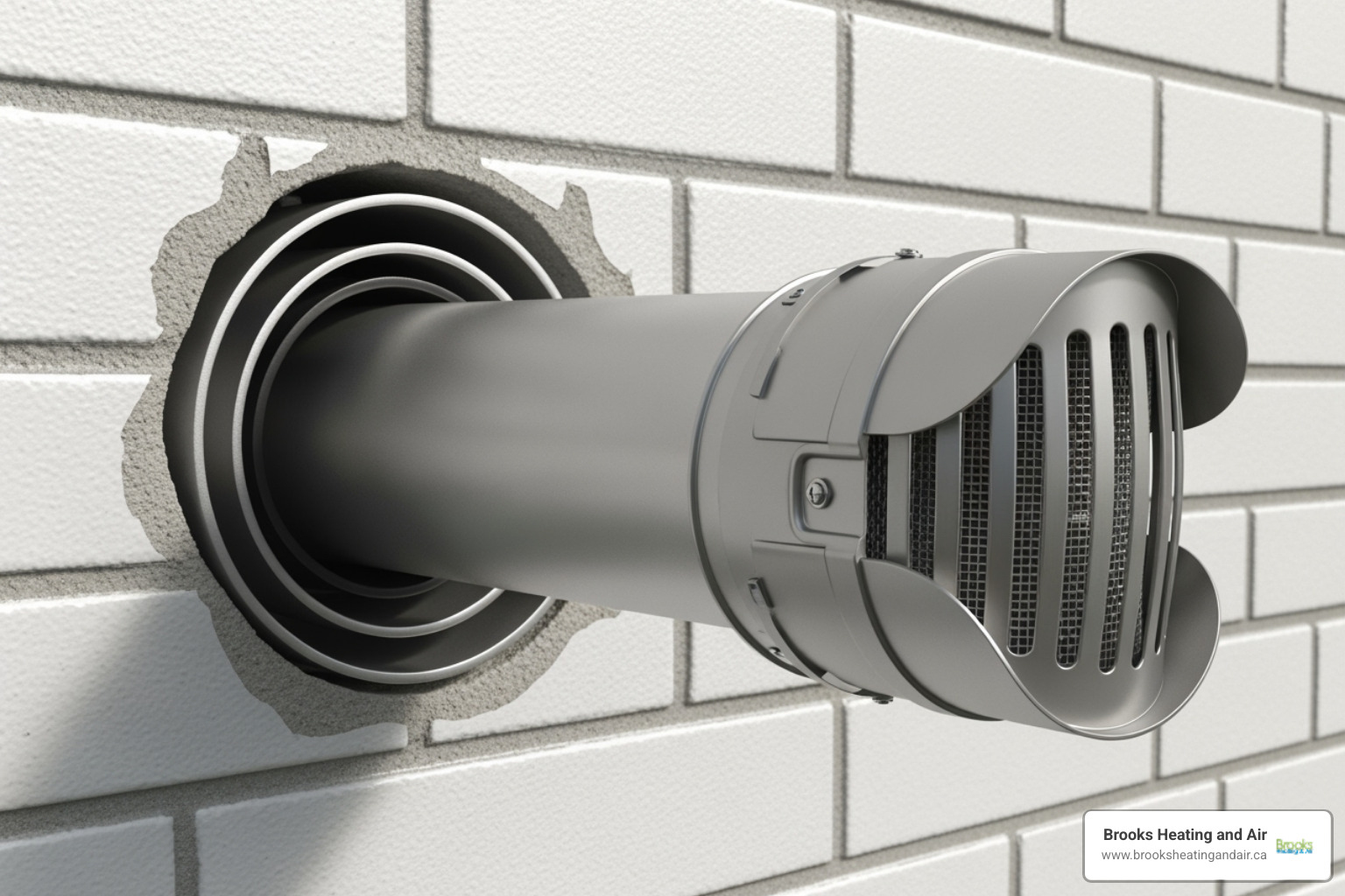 Correct venting for a gas tankless water heater, showing concentric pipes extending through an exterior wall with a proper vent cap - Install tankless water heater