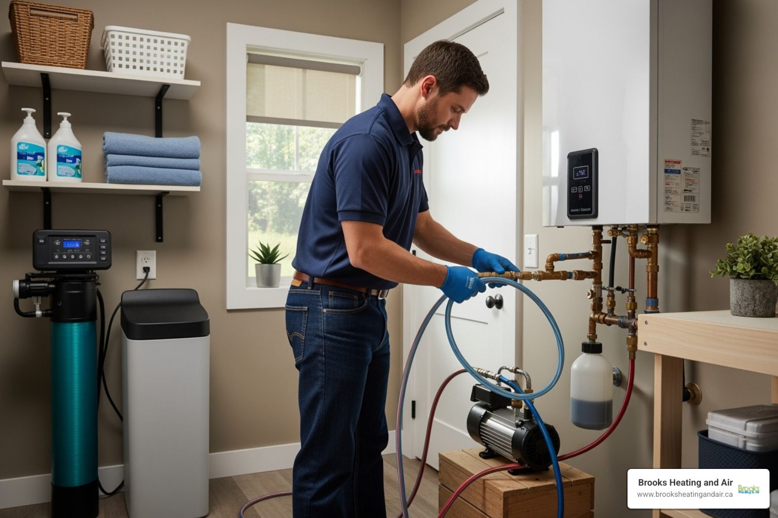 Technician performing a system flush on a tankless water heater - instant hot water repair
