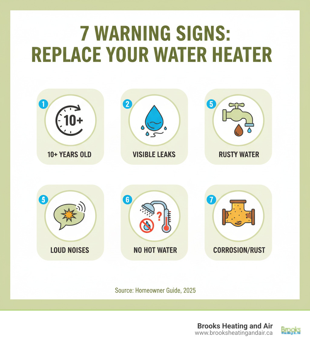 Infographic showing 7 key warning signs that indicate it's time to replace your water heater: 1) Water heater is 10+ years old based on serial number date code, 2) Visible leaks around the base of the tank or connections, 3) Rusty or discolored water coming from taps, 4) Loud rumbling or banging noises during operation, 5) No hot water or insufficient hot water supply, 6) Inconsistent water temperatures with cold blasts, 7) Visible corrosion or rust on the tank exterior or valves - Replace hot water heater infographic 