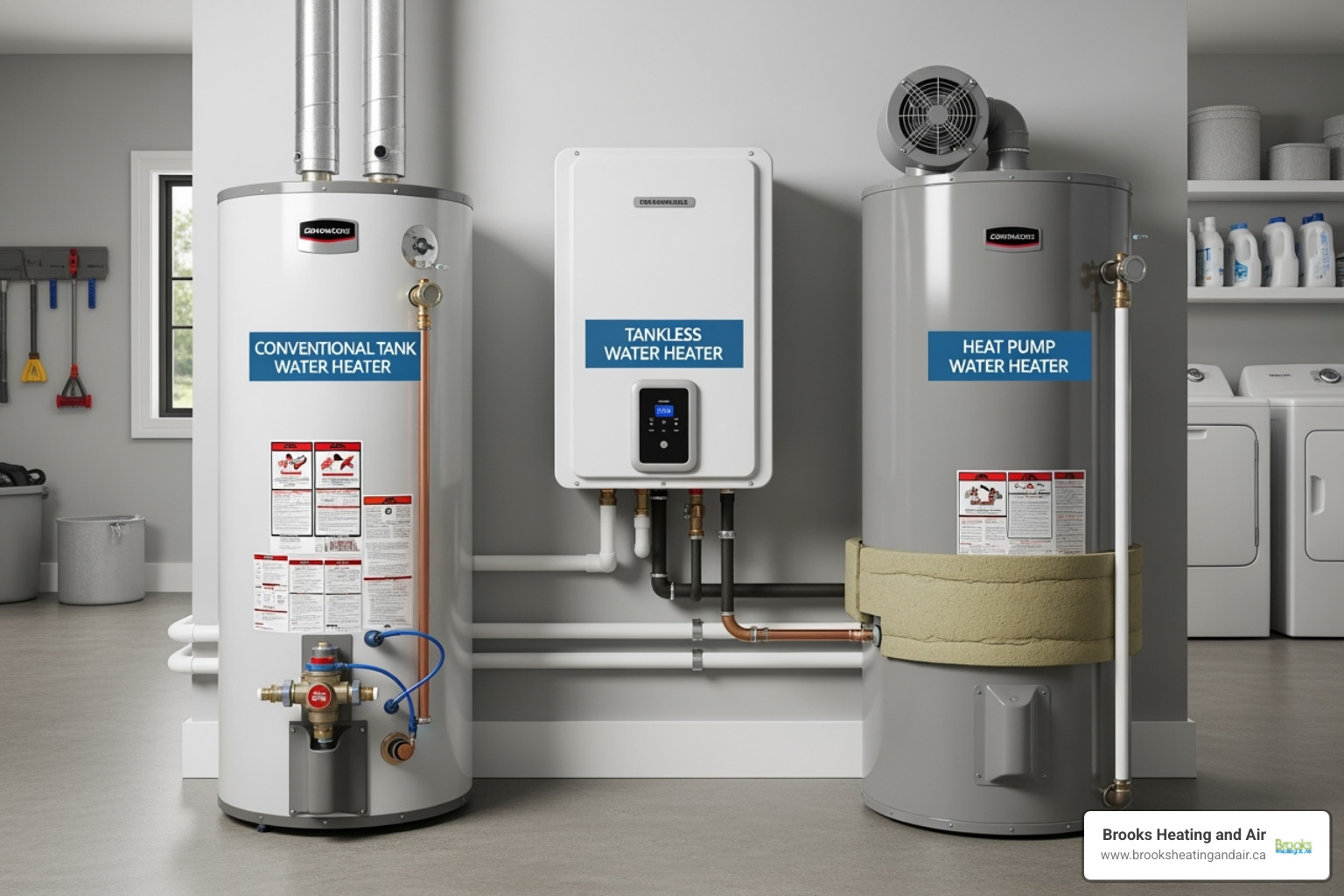 Different types of water heaters (tank, tankless, heat pump) side-by-side - Replace hot water heater