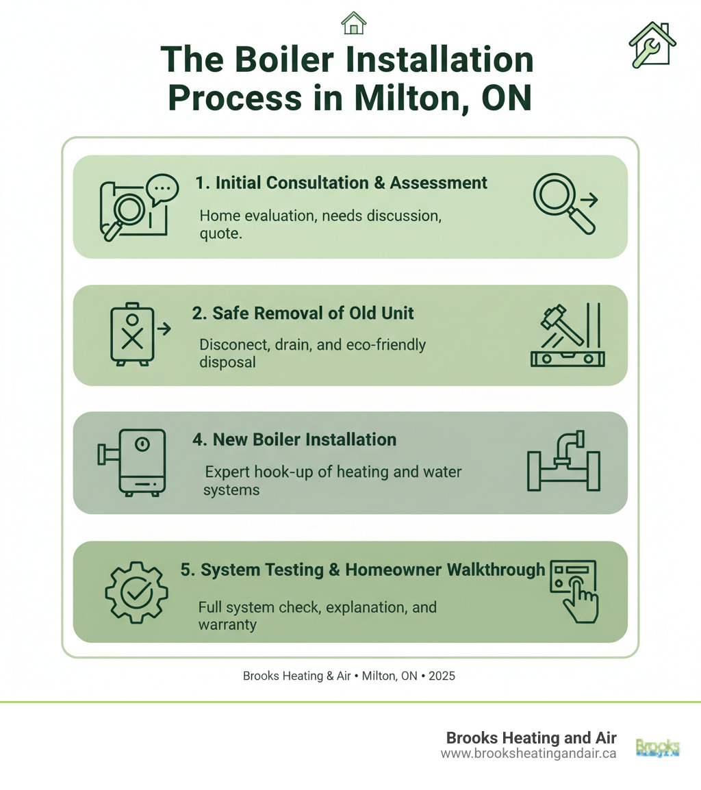Infographic showing the 5 steps of boiler installation: 1. Initial Consultation & Assessment, 2. Safe Removal of Old Unit, 3. Site Preparation, 4. New Boiler Installation, 5. System Testing & Homeowner Walkthrough - Boiler Installation and Replacement in Milton, ON infographic 