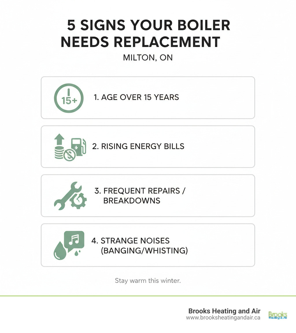 Infographic showing the top 5 signs your boiler needs replacement: 1. Age over 15 years, 2. Rising energy bills despite no change in usage, 3. Frequent repairs or breakdowns, 4. Strange noises like banging or whistling, 5. Visible leaks or corrosion - Boiler Installation and Replacement in Milton, ON infographic 