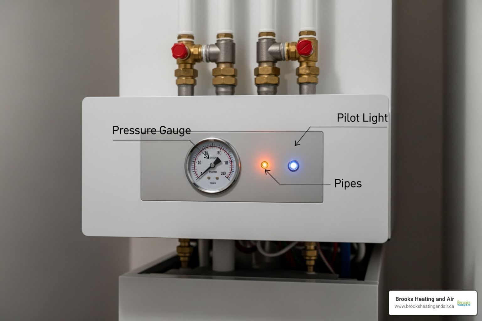 Boiler with callouts pointing to pressure gauge, pilot light, and pipes - Boiler Repair and Maintenance In Milton, ON