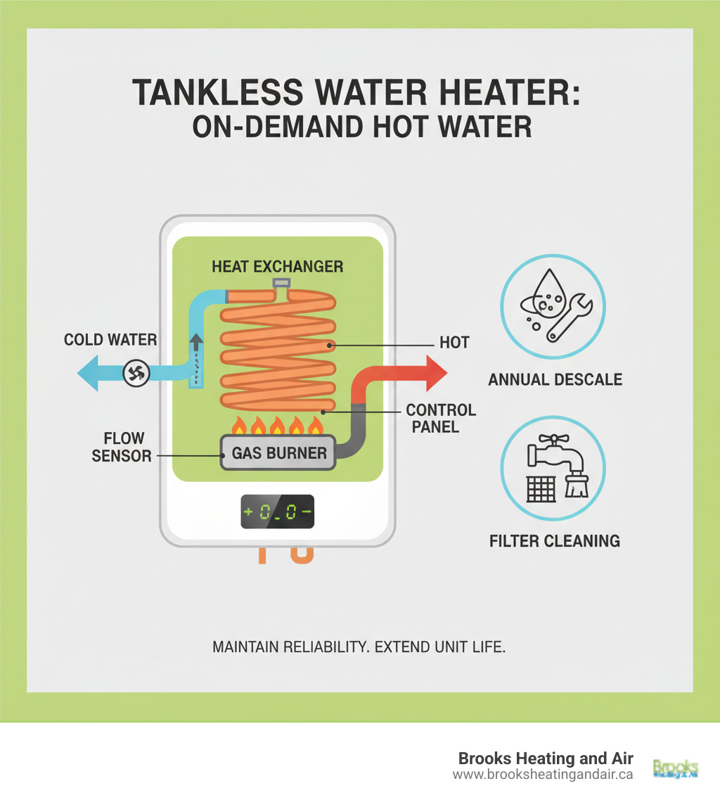 Infographic showing how a tankless water heater heats water on demand as it flows through the unit, with key components labeled including the heat exchanger, gas burner, flow sensor, and control panel, plus maintenance tasks like annual descaling and filter cleaning - Tankless Water Heater Repair and Maintenance in Milton, ON infographic  Infographic showing how a tankless water heater heats water on demand as it flows through the unit, with key components labeled including the heat exchanger, gas burner, flow sensor, and control panel, plus maintenance tasks like annual descaling and filter cleaning - Tankless Water Heater Repair and Maintenance in Milton, ON infographic