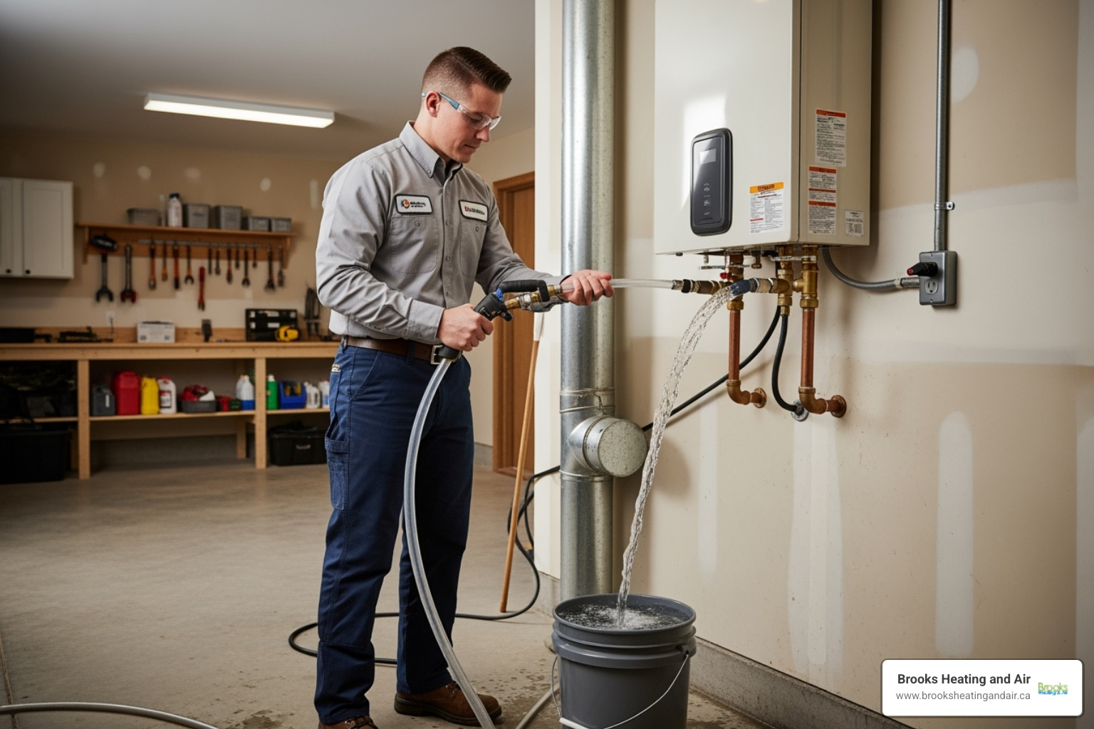 Technician flushing a tankless water heater - Tankless Water Heater Repair and Maintenance in Milton, ON Technician flushing a tankless water heater - Tankless Water Heater Repair and Maintenance in Milton, ON