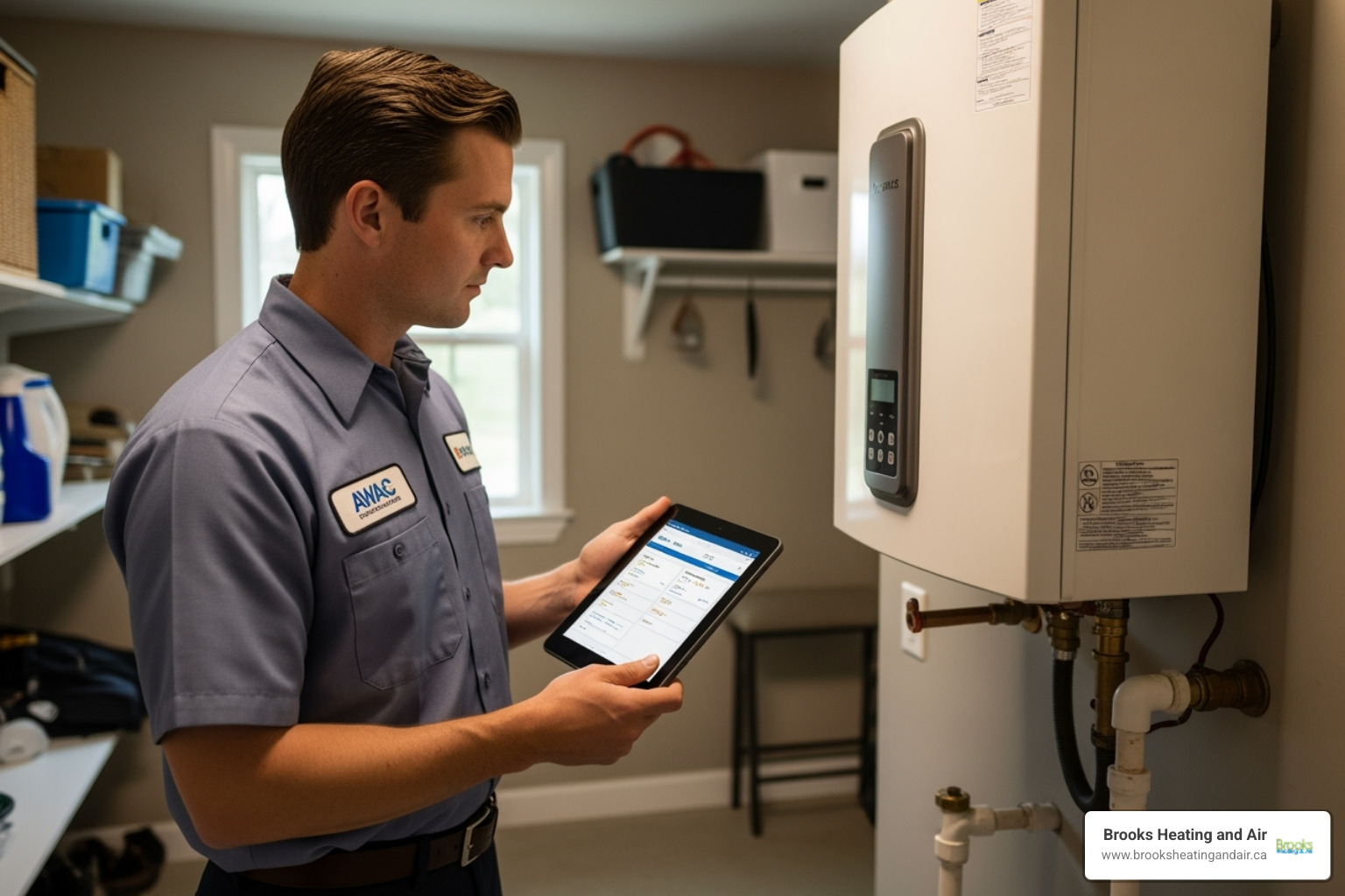 Certified technician inspecting a tankless water heater - Tankless Water Heater Repair and Maintenance in Milton, ON Certified technician inspecting a tankless water heater - Tankless Water Heater Repair and Maintenance in Milton, ON