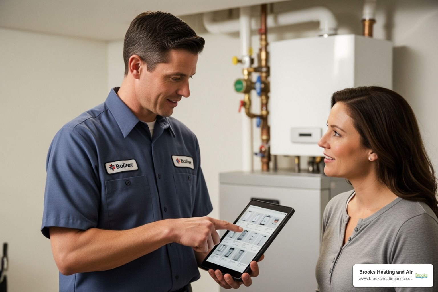 an HVAC technician using a tablet to show a homeowner different boiler options - boiler replacement cost estimate an HVAC technician using a tablet to show a homeowner different boiler options - boiler replacement cost estimate