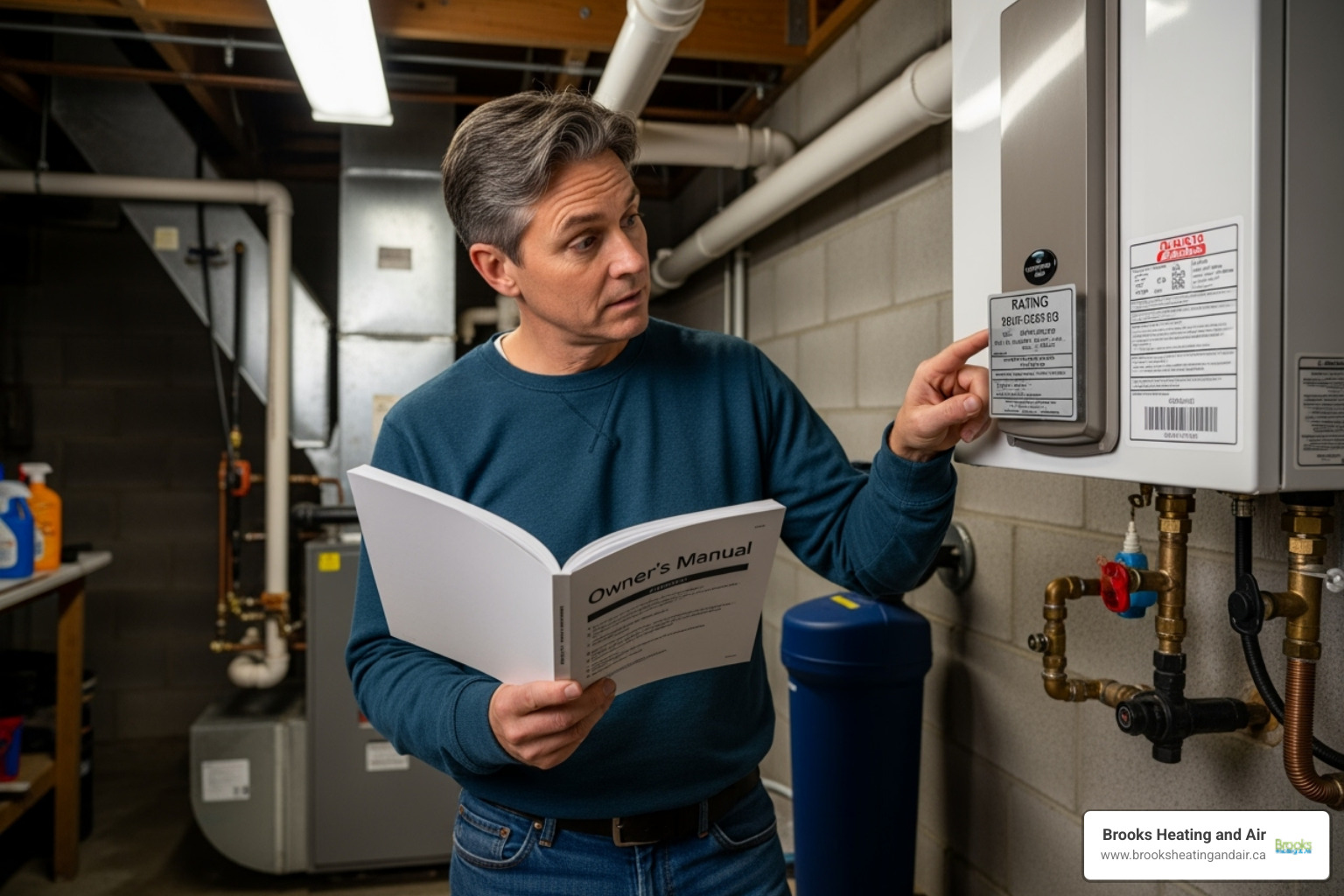 A homeowner looking at their water heater's manual and serial number, preparing to make a warranty claim. - Tankless water heater warranty A homeowner looking at their water heater's manual and serial number, preparing to make a warranty claim. - Tankless water heater warranty