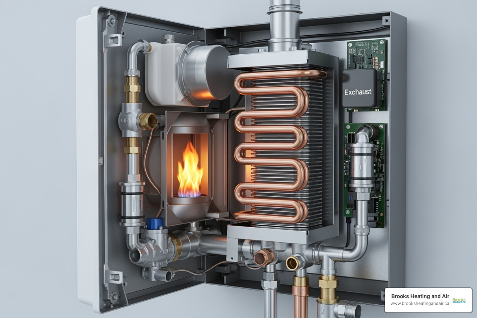 A cutaway view of a tankless water heater highlighting the heat exchanger component. - Tankless water heater warranty A cutaway view of a tankless water heater highlighting the heat exchanger component. - Tankless water heater warranty