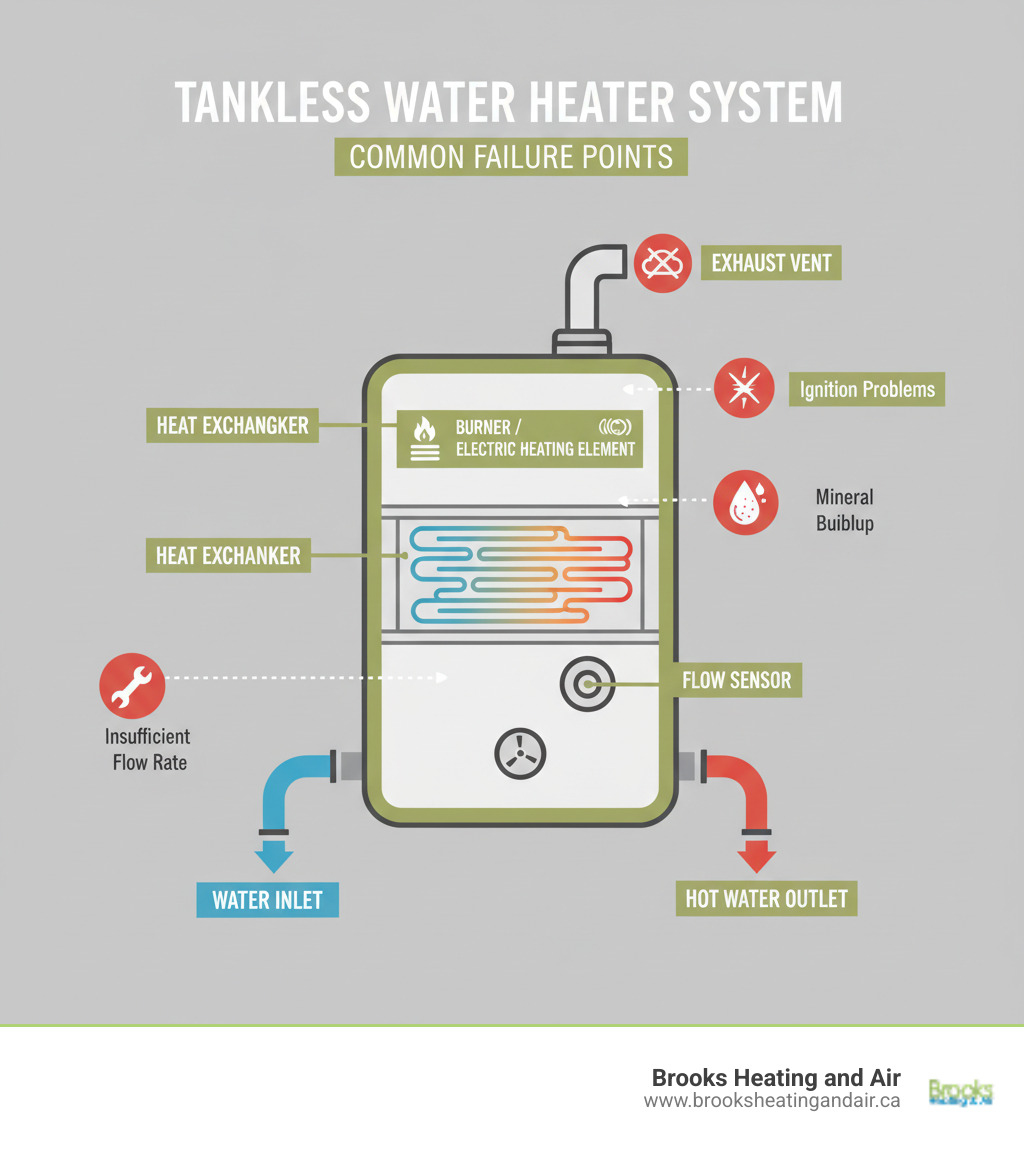 Infographic showing the key components of a tankless water heater system including the water inlet, heat exchanger, burner or electric heating element, flow sensor, exhaust vent, and hot water outlet, with labels indicating common failure points like blocked vents, mineral buildup, ignition problems, and insufficient flow rate - Tankless water heater not working infographic Infographic showing the key components of a tankless water heater system including the water inlet, heat exchanger, burner or electric heating element, flow sensor, exhaust vent, and hot water outlet, with labels indicating common failure points like blocked vents, mineral buildup, ignition problems, and insufficient flow rate - Tankless water heater not working infographic