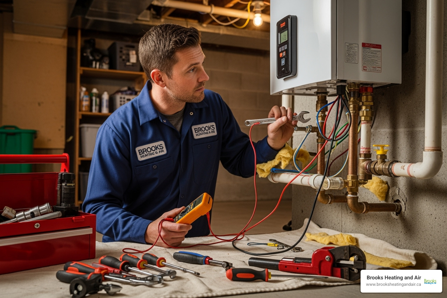 A professional technician from Brooks Heating and Air examining a tankless water heater with tools, indicating a complex repair scenario - Tankless water heater not working A professional technician from Brooks Heating and Air examining a tankless water heater with tools, indicating a complex repair scenario - Tankless water heater not working