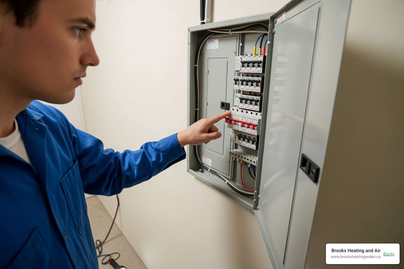 A person checking a home's circuit breaker panel, with a hand pointing to a tripped breaker - Tankless water heater not working A person checking a home's circuit breaker panel, with a hand pointing to a tripped breaker - Tankless water heater not working