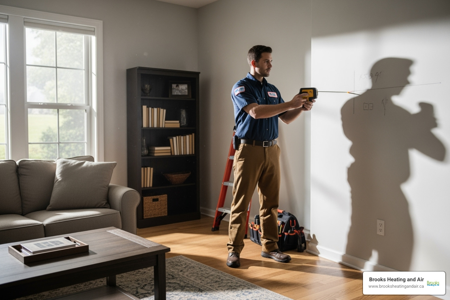 HVAC technician measuring a room for a heat pump installation - Heat pump installation estimate HVAC technician measuring a room for a heat pump installation - Heat pump installation estimate