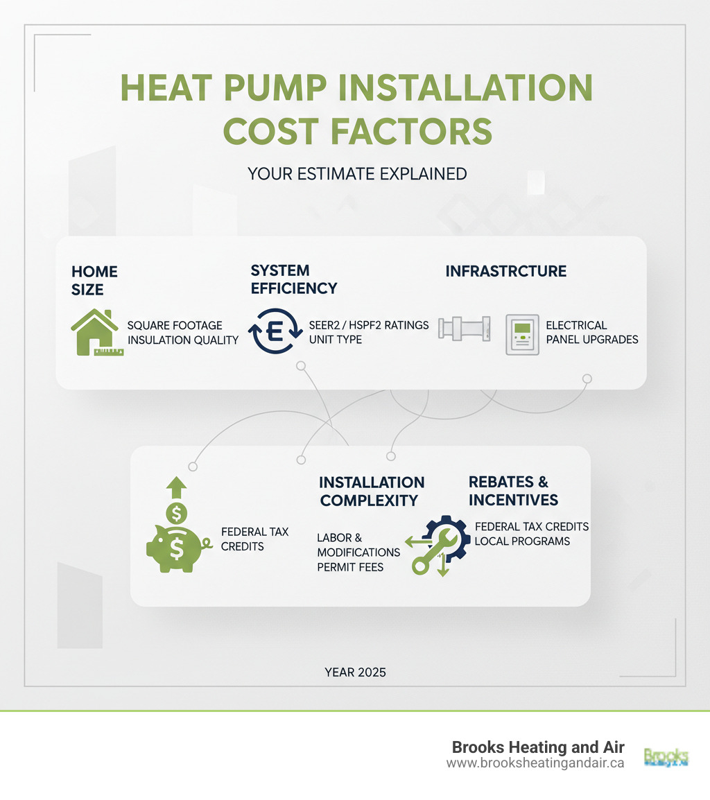 Infographic showing heat pump installation cost factors including home size measurement, system efficiency ratings (SEER2/HSPF2), existing infrastructure requirements like ductwork and electrical panel, installation complexity elements, and available rebates and incentives - Heat pump installation estimate infographic Infographic showing heat pump installation cost factors including home size measurement, system efficiency ratings (SEER2/HSPF2), existing infrastructure requirements like ductwork and electrical panel, installation complexity elements, and available rebates and incentives - Heat pump installation estimate infographic