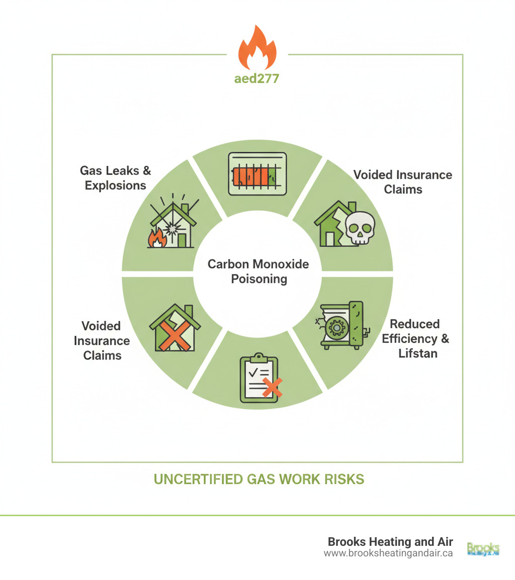 Infographic showing the risks of uncertified gas work: gas leaks leading to explosions and fire hazards, carbon monoxide poisoning from improper venting or faulty installations, voided home insurance claims when unlicensed work is discovered, failed safety inspections and code violations, and reduced appliance efficiency and lifespan from improper installation - Certified gas technician infographic 