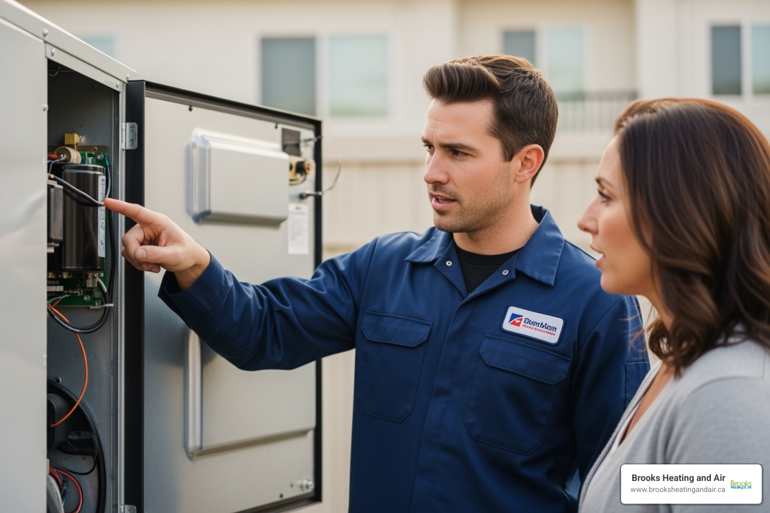 A technician pointing to a specific part inside a heat pump - Heat pump repair estimate A technician pointing to a specific part inside a heat pump - Heat pump repair estimate