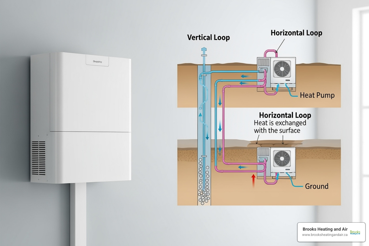 A ductless mini-split unit on a wall and a geothermal loop field diagram - Heat pump repair estimate A ductless mini-split unit on a wall and a geothermal loop field diagram - Heat pump repair estimate