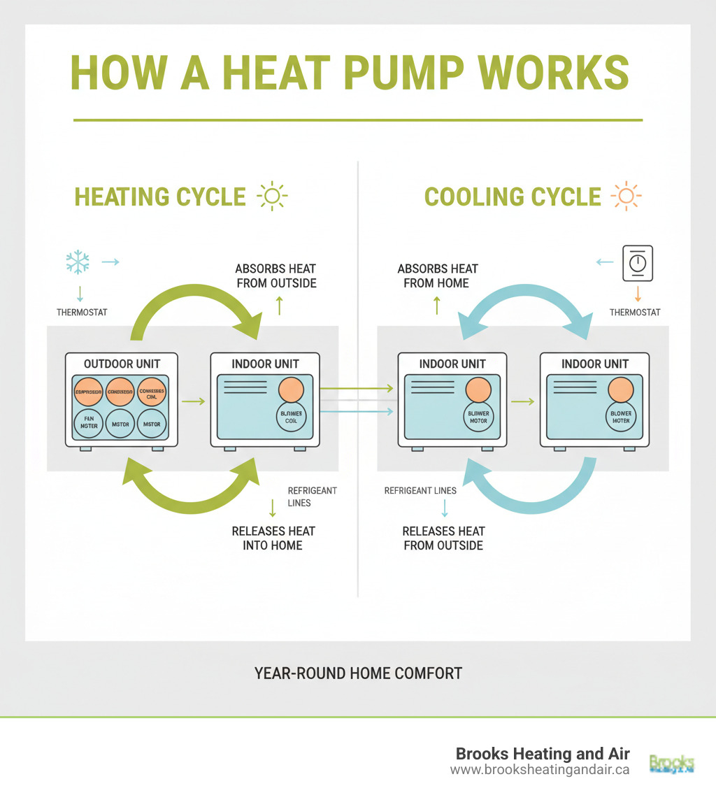 Infographic showing the main components of a heat pump system: outdoor unit containing the compressor, condenser coil, and fan motor; indoor unit with blower motor and evaporator coil; connecting refrigerant lines; and thermostat control, with arrows showing how these parts work together to heat and cool your home - Heat pump repair estimate infographic Infographic showing the main components of a heat pump system: outdoor unit containing the compressor, condenser coil, and fan motor; indoor unit with blower motor and evaporator coil; connecting refrigerant lines; and thermostat control, with arrows showing how these parts work together to heat and cool your home - Heat pump repair estimate infographic