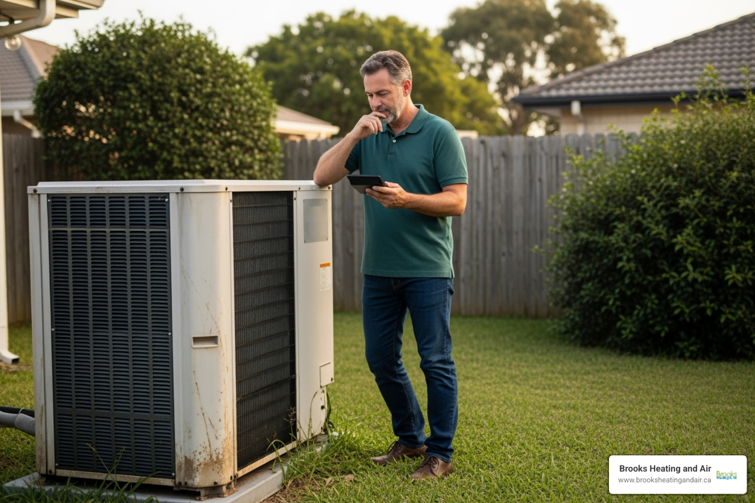 A homeowner looking at a calculator next to their old heat pump - Heat pump repair estimate A homeowner looking at a calculator next to their old heat pump - Heat pump repair estimate