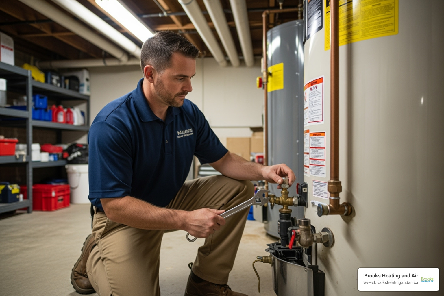 technician performing a water heater tune-up - fast water heater service