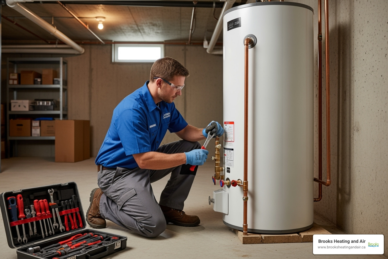 image of a uniformed technician professionally connecting a new water heater - Hot water heater replacement