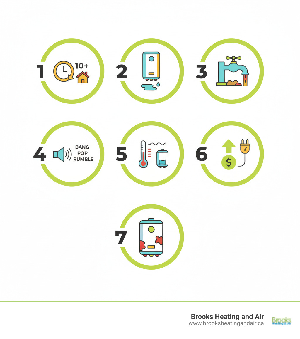 Infographic showing 7 key signs your water heater is failing: 1) Unit is 10+ years old, 2) Visible water leaks or pooling around the base, 3) Rusty or discolored water from taps, 4) Loud rumbling, popping, or banging noises, 5) Inconsistent water temperature or insufficient hot water supply, 6) Rising energy bills indicating declining efficiency, 7) Visible corrosion on the tank or water lines - Hot water heater replacement infographic 