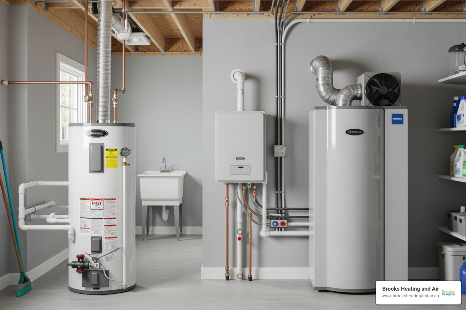 image showing different types of water heaters (tank, tankless, hybrid) in a residential setting - Hot water heater replacement