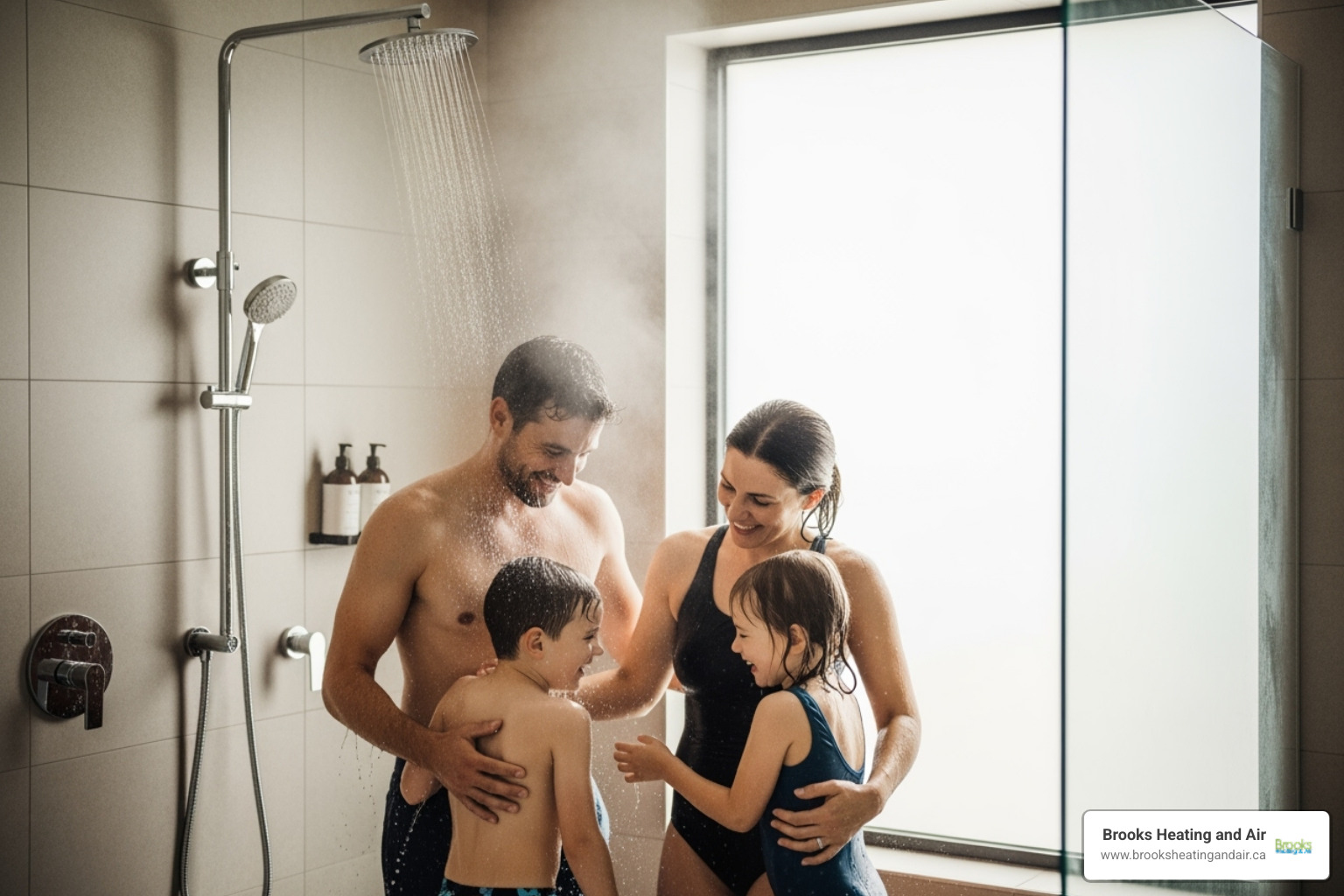 family enjoying hot shower - Tankless water heater solutions