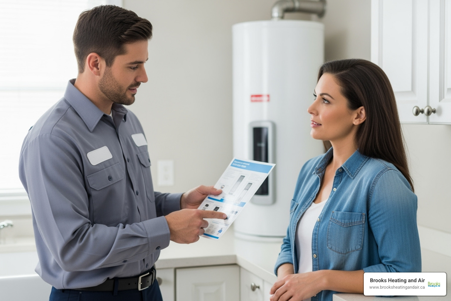 professional technician discussing tankless water heater options with a homeowner - Tankless water heater solutions