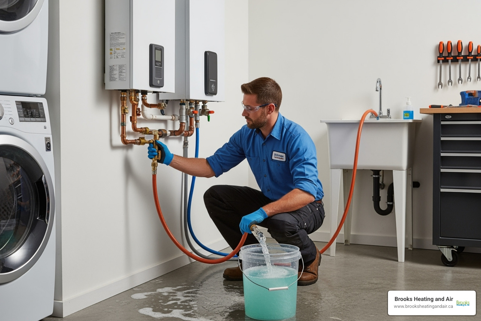 technician performing a descaling flush on a tankless unit - Tankless water heater solutions