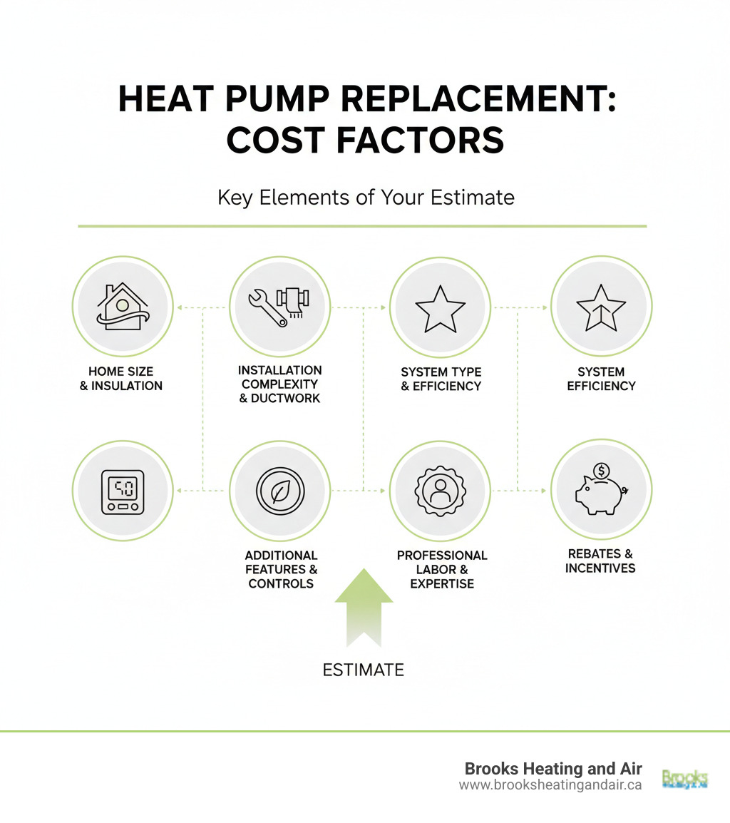 Infographic showing the main cost factors for heat pump replacement: a house icon representing home size and insulation, a wrench icon for installation complexity and ductwork needs, a star icon for system type and efficiency ratings, a thermostat icon for additional features, a certification badge for professional labor, and a piggy bank icon for available rebates and incentives - Heat pump replacement estimate infographic 