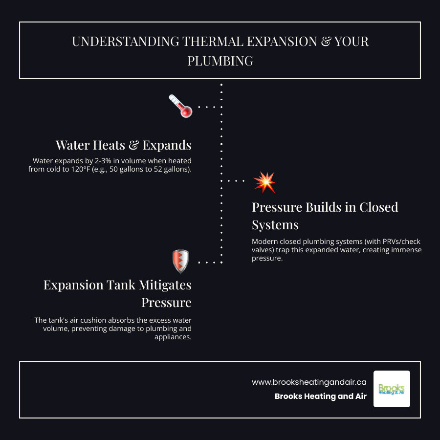 Infographic showing how water expands by 2-3% when heated in a water heater tank, creating pressure in a closed plumbing system with one-way valves like check valves and PRVs, and how an expansion tank with a rubber diaphragm and air chamber absorbs this excess volume by compressing air, preventing pressure from building up and protecting pipes, fixtures, and the water heater itself - water heater expansion tank infographic infographic-line-3-steps-dark Infographic showing how water expands by 2-3% when heated in a water heater tank, creating pressure in a closed plumbing system with one-way valves like check valves and PRVs, and how an expansion tank with a rubber diaphragm and air chamber absorbs this excess volume by compressing air, preventing pressure from building up and protecting pipes, fixtures, and the water heater itself - water heater expansion tank infographic infographic-line-3-steps-dark