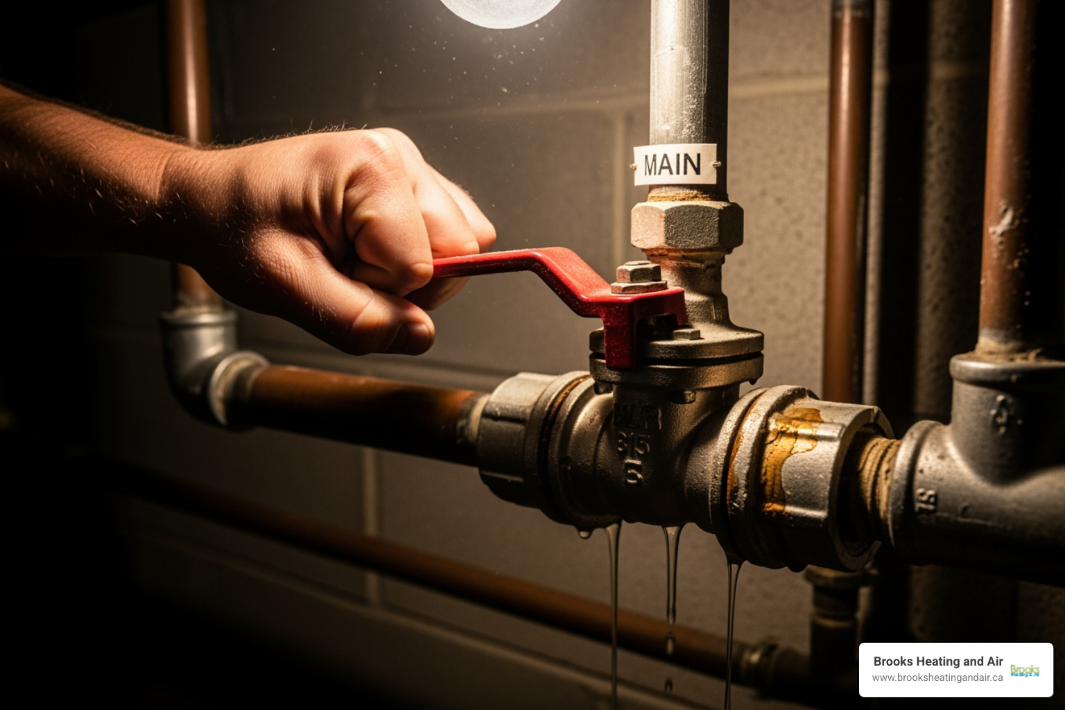 A person's hand turning a red main water shut-off valve, illustrating immediate action during a plumbing emergency. - emergency hot water repair