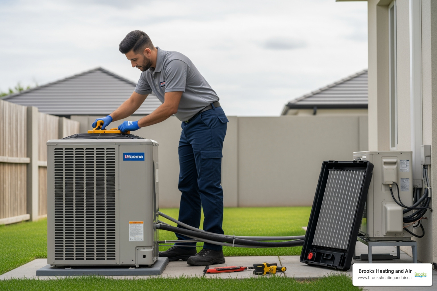 A technician performing routine heat pump maintenance on an outdoor unit, ensuring optimal performance and preventing emergencies - Emergency heat pump repair A technician performing routine heat pump maintenance on an outdoor unit, ensuring optimal performance and preventing emergencies - Emergency heat pump repair