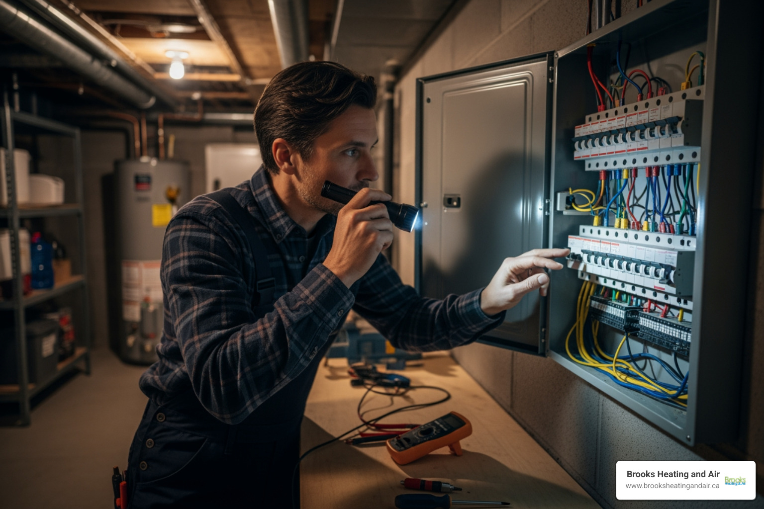 A homeowner checking a circuit breaker in their electrical panel, ensuring safety during an HVAC emergency - Emergency heat pump repair A homeowner checking a circuit breaker in their electrical panel, ensuring safety during an HVAC emergency - Emergency heat pump repair
