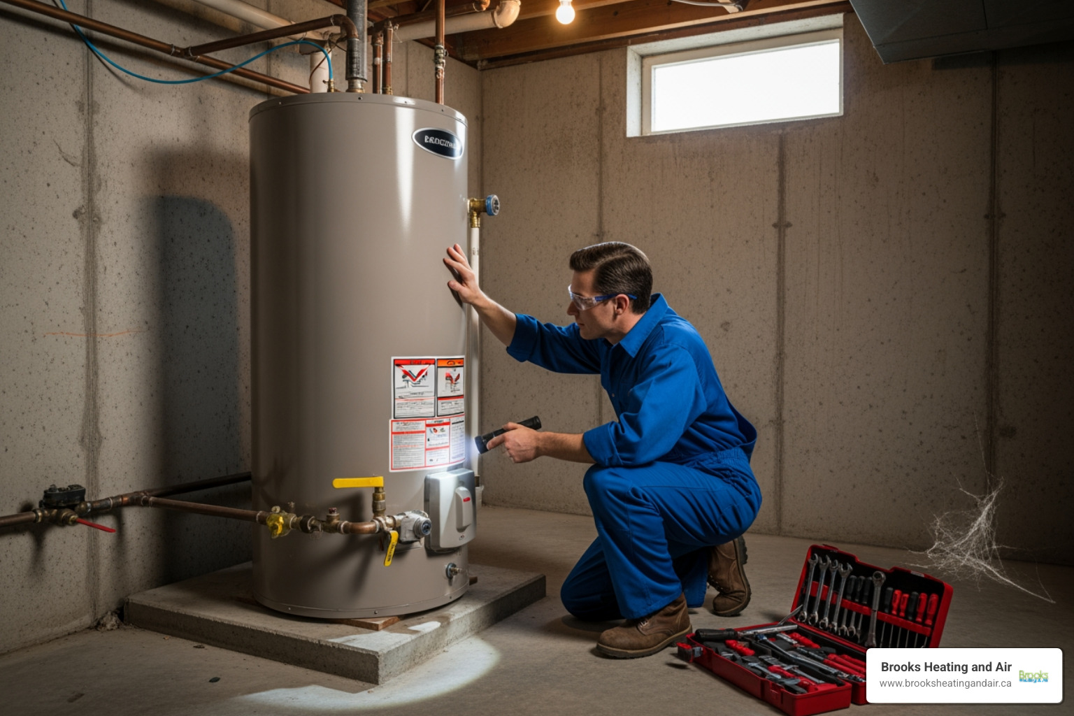 technician inspecting a conventional tank water heater - Water Heater Repair and Maintenance in Milton, ON technician inspecting a conventional tank water heater - Water Heater Repair and Maintenance in Milton, ON