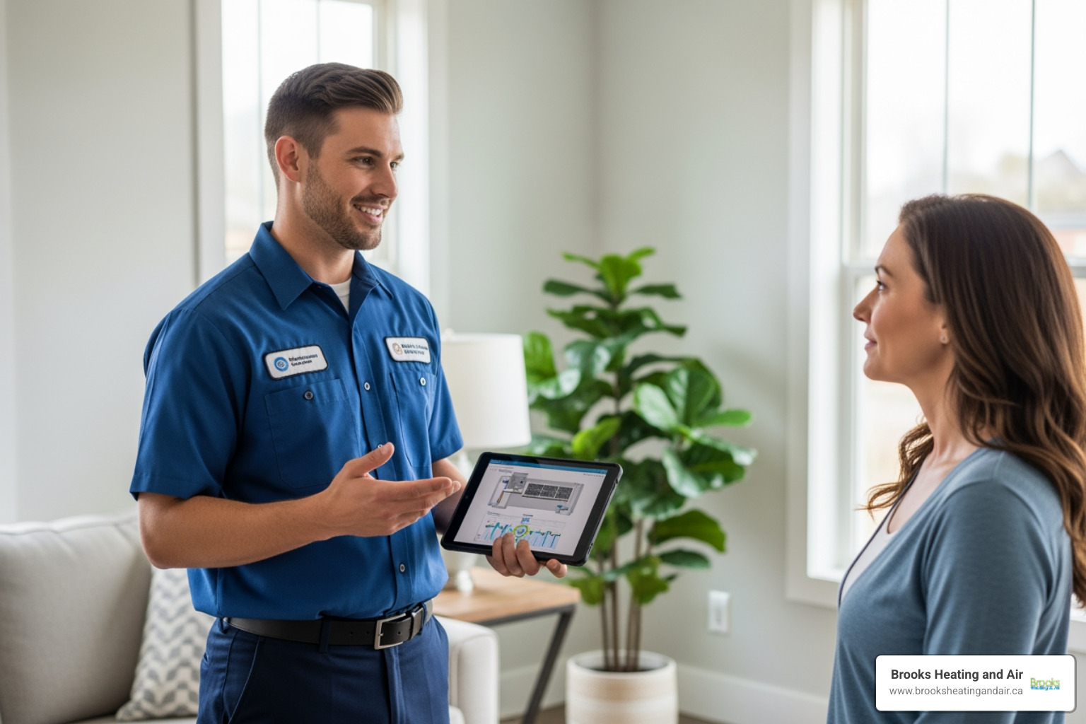 A friendly, professional HVAC technician talking with a homeowner inside their house - Heat pump replacement company A friendly, professional HVAC technician talking with a homeowner inside their house - Heat pump replacement company