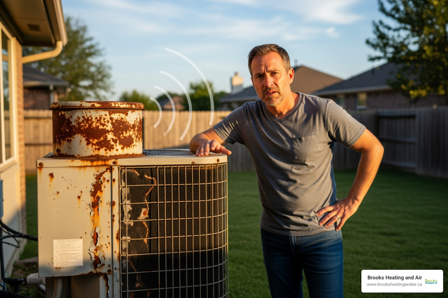 A homeowner looking concerned at a noisy, old outdoor HVAC unit, possibly showing signs of rust or wear - Heat pump replacement company A homeowner looking concerned at a noisy, old outdoor HVAC unit, possibly showing signs of rust or wear - Heat pump replacement company