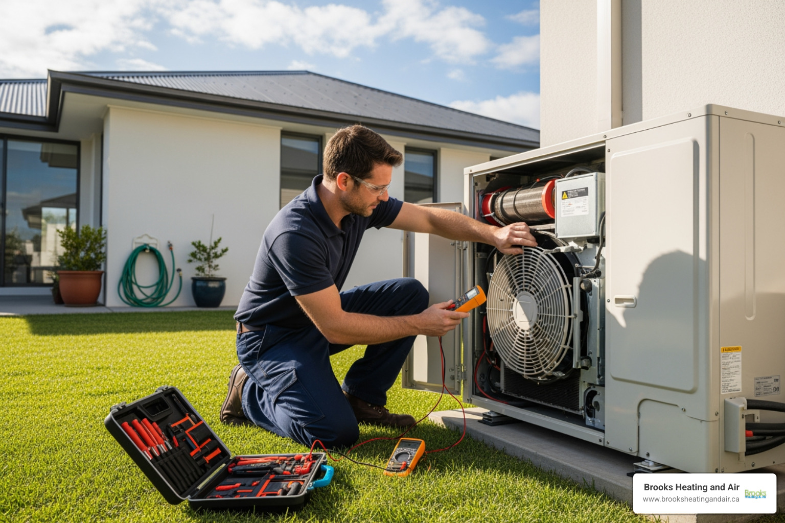Technician performing maintenance on an outdoor heat pump unit - Heat pump replacement company Technician performing maintenance on an outdoor heat pump unit - Heat pump replacement company