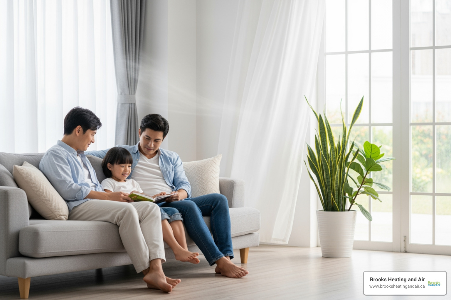 A family relaxing comfortably in their living room, with a subtle indication of clean air via a bright, airy aesthetic - Heat pump replacement company A family relaxing comfortably in their living room, with a subtle indication of clean air via a bright, airy aesthetic - Heat pump replacement company