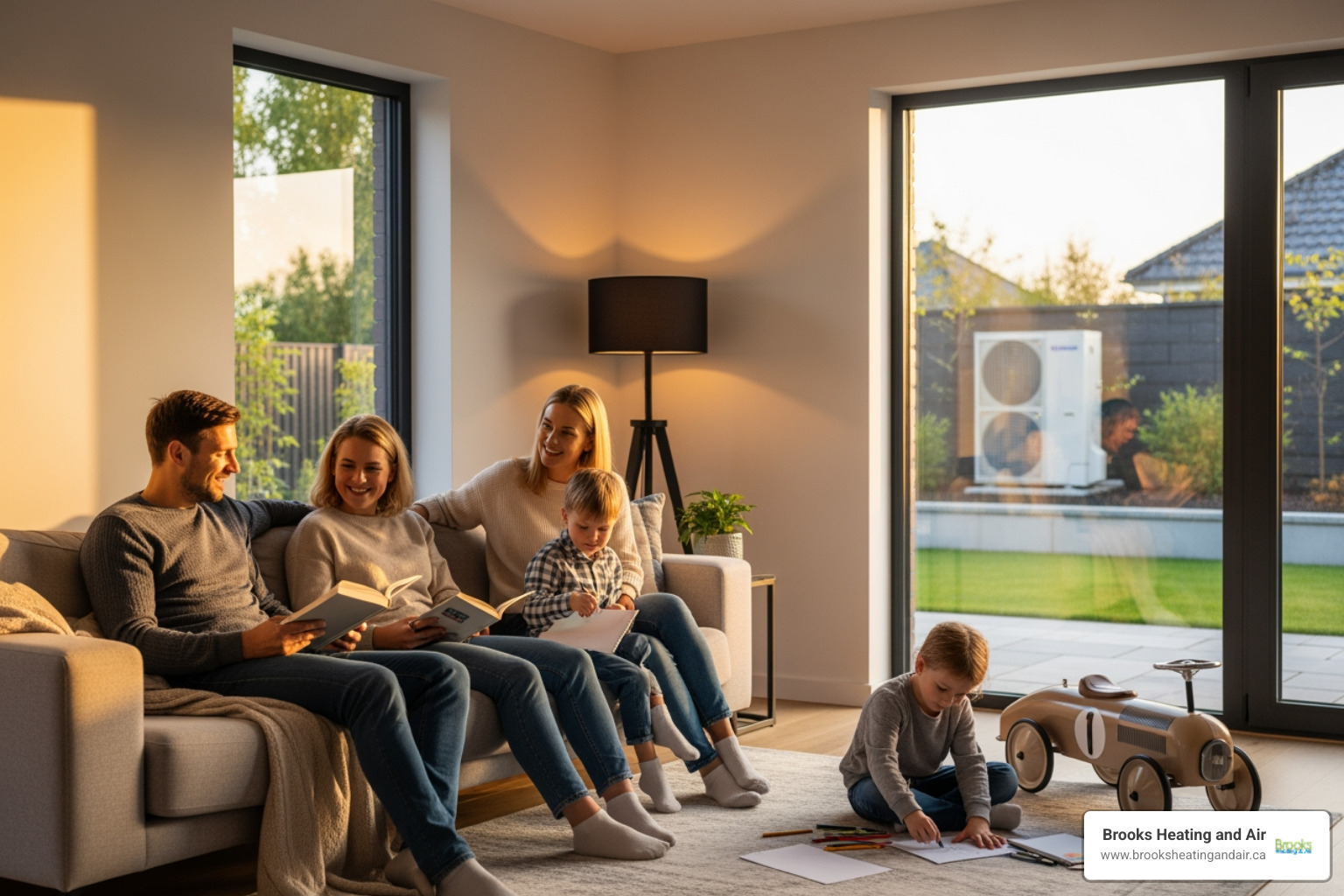 Happy family enjoying comfortable home environment, with a subtle modern heat pump unit in the background - Heat pump replacement company Happy family enjoying comfortable home environment, with a subtle modern heat pump unit in the background - Heat pump replacement company