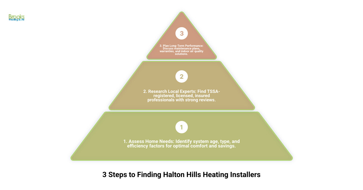 Step-by-step infographic showing three main actions for finding heating installers: assessing home needs with a checklist, researching local certified professionals with badges and reviews, and planning maintenance with a calendar and warranty shield - heating installation in Halton Hills, ON infographic 3_stage_pyramid Step-by-step infographic showing three main actions for finding heating installers: assessing home needs with a checklist, researching local certified professionals with badges and reviews, and planning maintenance with a calendar and warranty shield - heating installation in Halton Hills, ON infographic 3_stage_pyramid