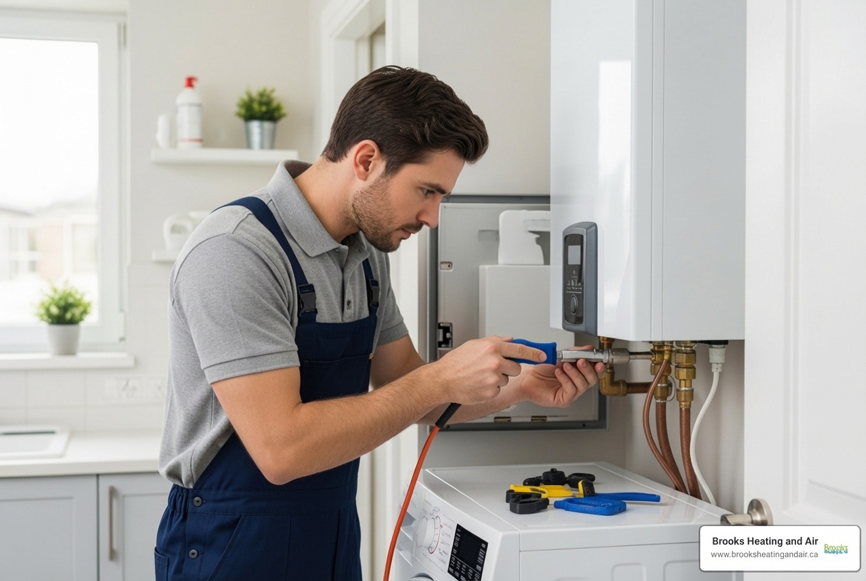 Infographic showing annual maintenance checklist for tankless water heaters including descaling frequency, filter cleaning steps, professional inspection points, signs of mineral buildup, and energy savings from regular maintenance - tankless water heater maintenance in halton hills on Infographic showing annual maintenance checklist for tankless water heaters including descaling frequency, filter cleaning steps, professional inspection points, signs of mineral buildup, and energy savings from regular maintenance - tankless water heater maintenance in halton hills on