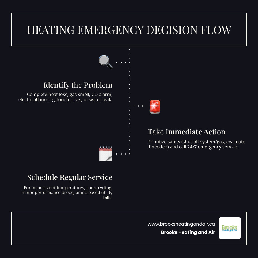 Infographic showing emergency heating repair decision tree: Does your furnace have no heat at all, strange noises, gas or electrical smells, or CO alarm? Call emergency service immediately. Is it just inconsistent temperatures, higher bills, or minor performance issues? Schedule a regular appointment within 1-2 days. - emergency heating repair in georgetown, on infographic infographic-line-3-steps-dark