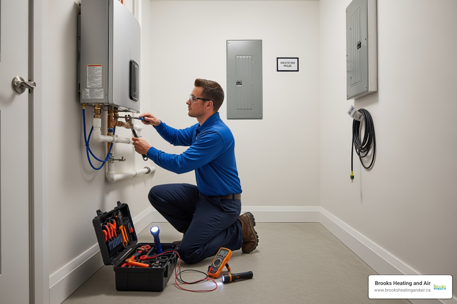 Infographic showing how a tankless water heater heats water on demand: cold water enters the unit, flows through a heat exchanger where either a gas burner or electric element heats it instantly, and hot water flows directly to your faucet without needing a storage tank - 24 hour tankless water heater maintenance in halton hills, on