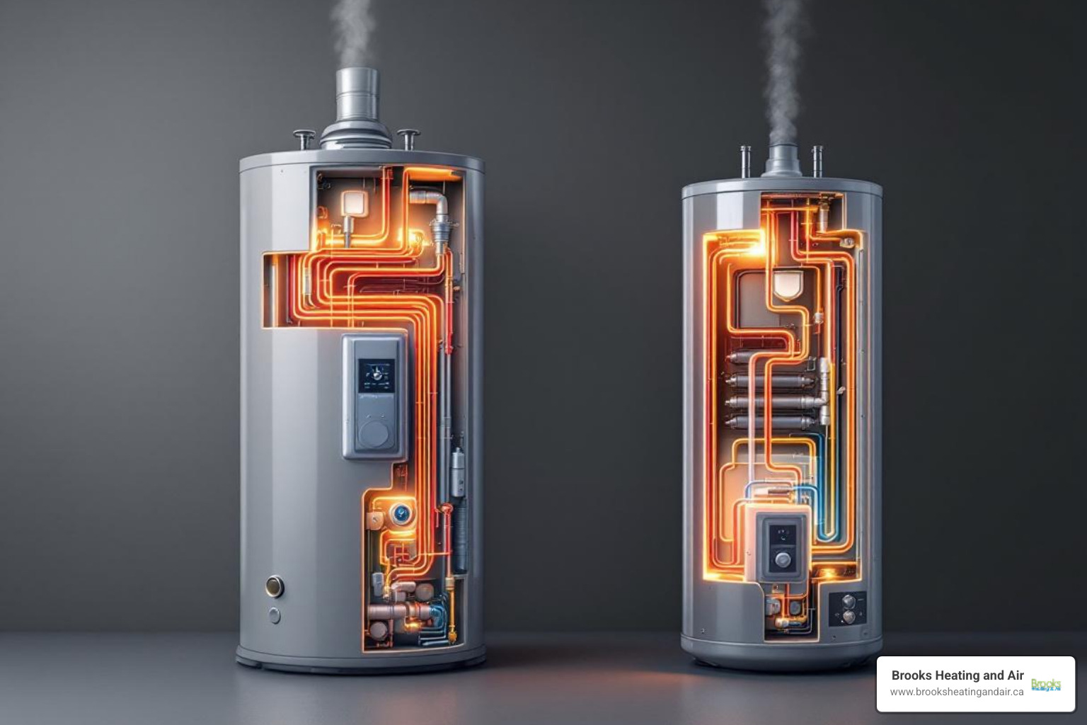 Infographic showing a side-by-side comparison of a traditional tank water heater versus a tankless water heater, illustrating how tankless units heat water on demand through a heat exchanger, highlighting key components like the water inlet filter, burner, heat exchanger, and temperature sensor, with callouts showing mineral buildup locations and maintenance points - best tankless water heater maintenance in halton hills, on