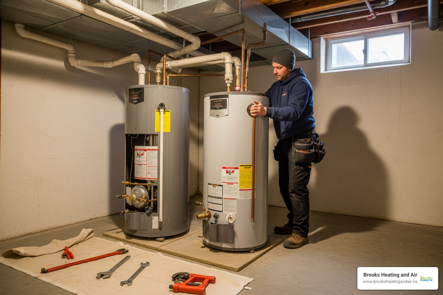 Infographic showing the top 5 signs your water heater needs replacement: 1) Age of 8-12 years or older, 2) Inconsistent or insufficient hot water temperature, 3) Rusty or discolored water coming from taps, 4) Strange banging or rumbling noises from the tank, 5) Visible leaks or moisture around the base of the unit - water heater replacement in milton on