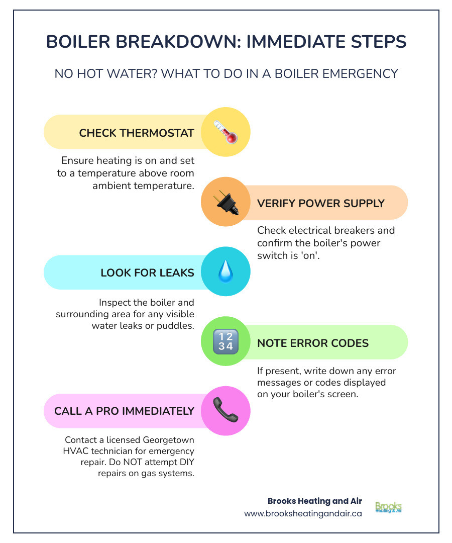 infographic showing emergency steps when boiler breaks: check thermostat settings, verify power supply, look for visible leaks, note any error codes, call licensed Georgetown HVAC technician immediately, do not attempt DIY repairs on gas systems - "I have no hot water and I think my hot water boiler is broken. Who can I call for an emergency repair in Georgetown?" infographic infographic-line-5-steps-colors