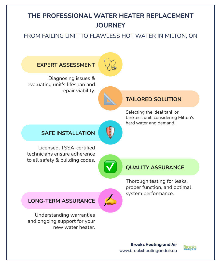 infographic showing the journey from a failing water heater through professional assessment, proper sizing and selection, TSSA-compliant installation, final testing, and warranty registration, with icons for each step and notes about Milton's hard water considerations - best water heater replacement in milton, on infographic infographic-line-5-steps-colors infographic showing the journey from a failing water heater through professional assessment, proper sizing and selection, TSSA-compliant installation, final testing, and warranty registration, with icons for each step and notes about Milton's hard water considerations - best water heater replacement in milton, on infographic infographic-line-5-steps-colors